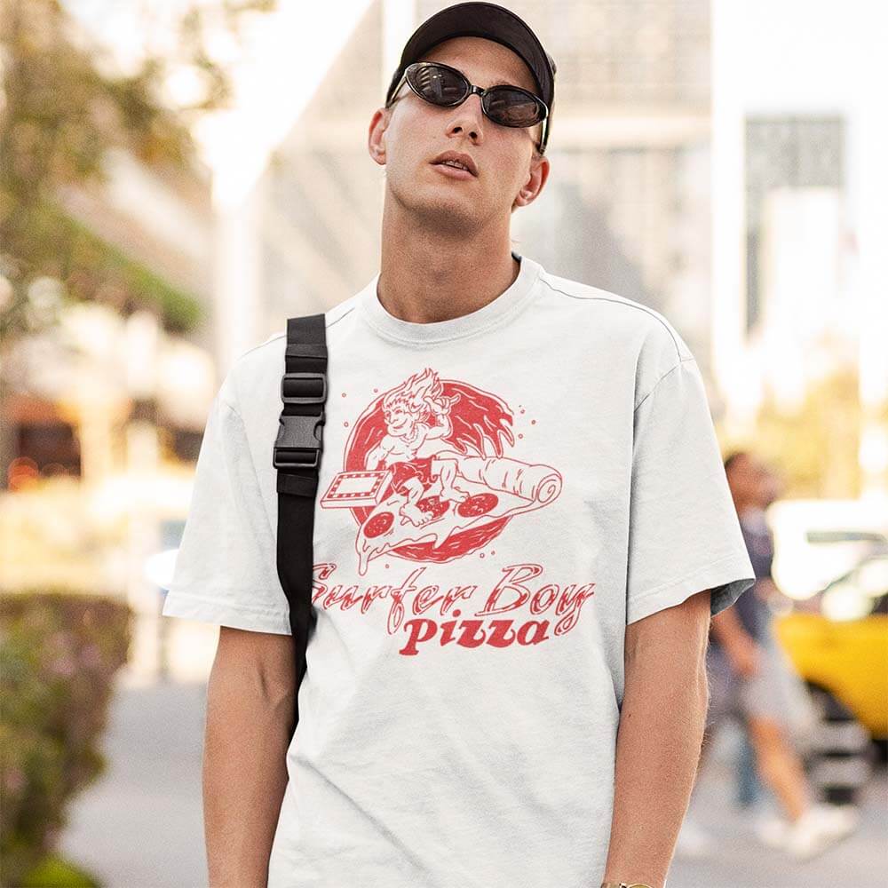 Try Before You Deny Checkered Surfer Boy Pizza Stranger Things Essential  T-Shirt for Sale by RoserinArt