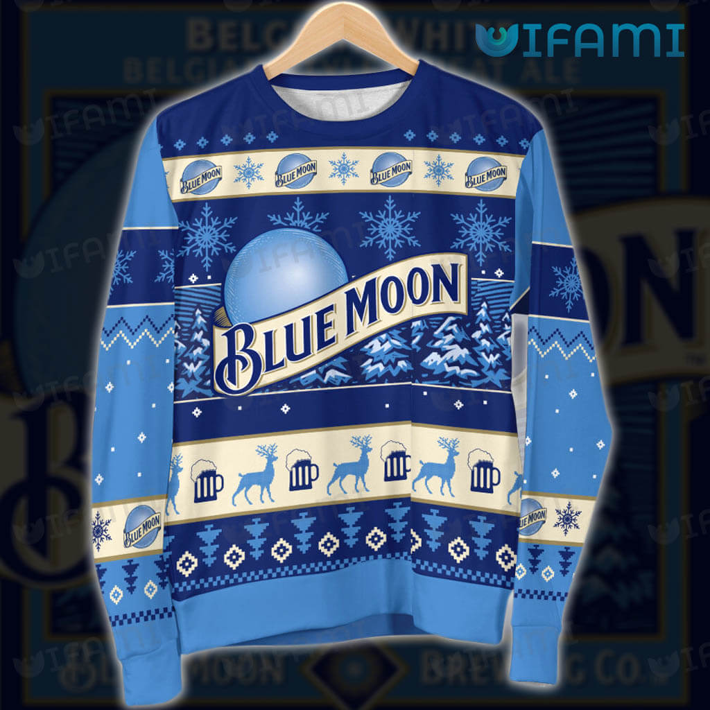 Adorable Blue Moon Beer Ugly  Snowflakes Reindeer Pattern Sweater Beer Lovers Gift