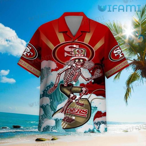 49ers Button Up Shirt Skeleton Surfing 49ers Hawaii Shirt Gift For Niners Fans