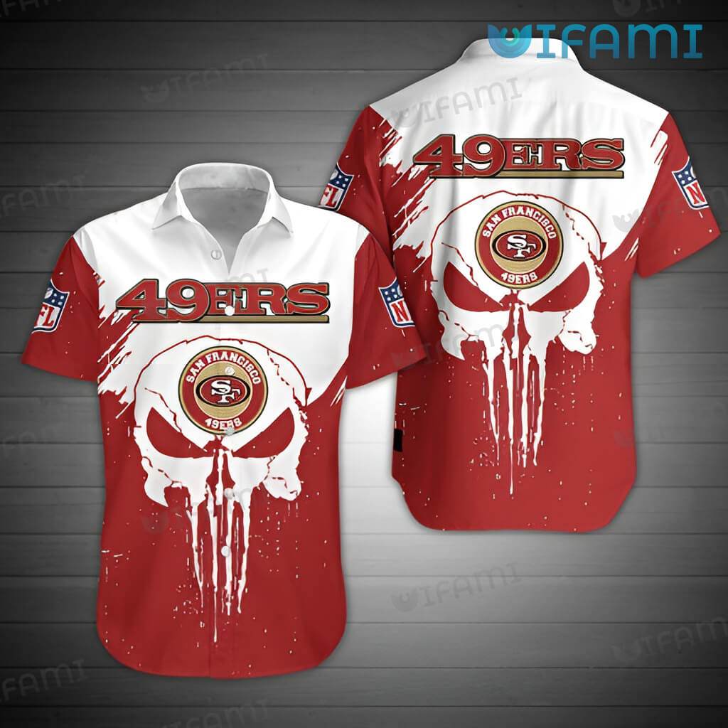 Funny 49ers Punisher Skull White And Red Hawaiian Shirt  Gift