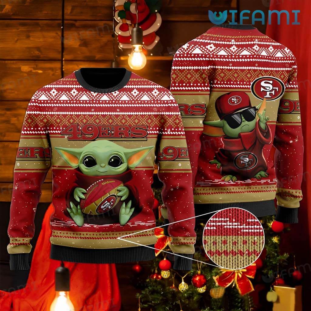 Unique 49ers Ugly Christmas  Baby Yoda Hugging Ball Sweater San Francisco 49ers Gift