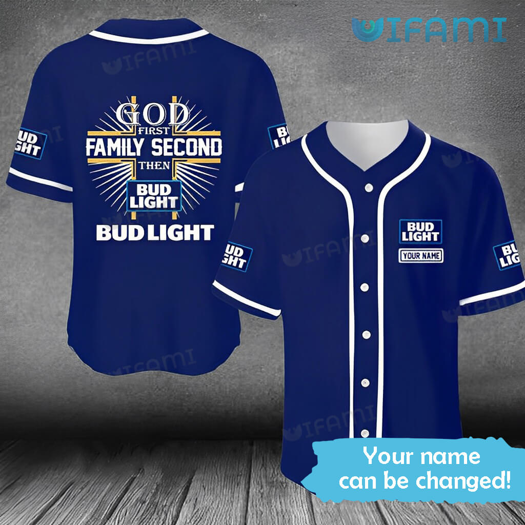 Awesome Custom Name Bud Light God First Family Second Then Bud Light Baseball Jersey  Gift