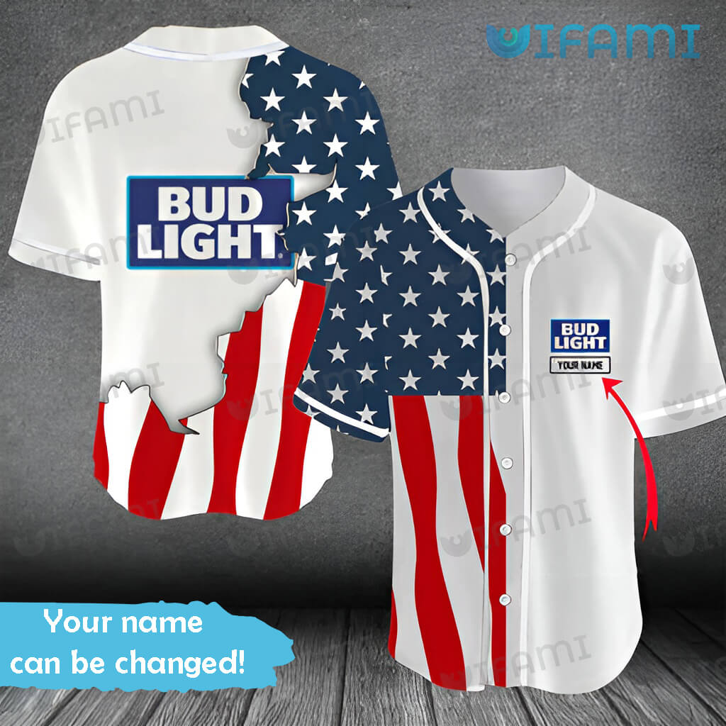 Cool Custom Name Bud Light Baseball USA Flag Jersey Beer Lovers Gift