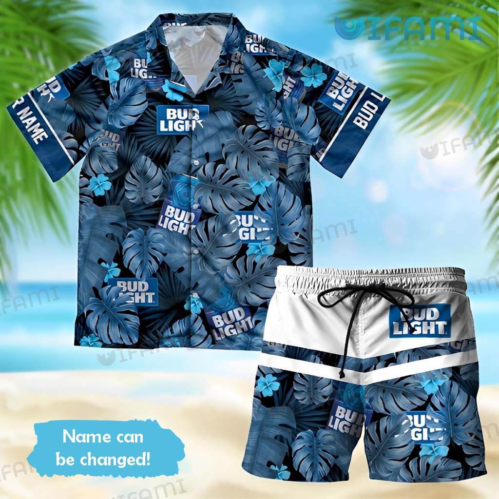 Original Custom Name Bud Light Hawaiian Tropical Leaves Shirt Beer Lovers Gift