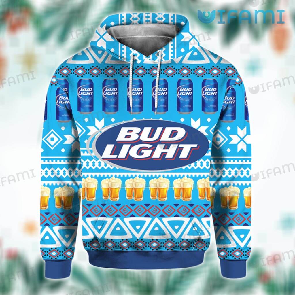Great Bud Light  3D Beer Glasses Snowflakes Pattern Christmas Hoodie Gift