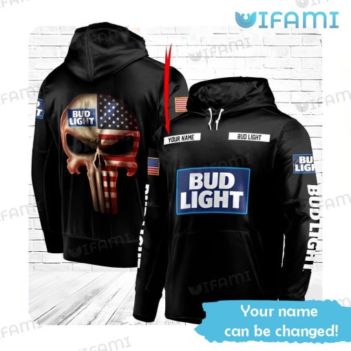 Bud Light Hoodie 3D Punisher Skull US Flag Custom Name Beer Lovers Gift