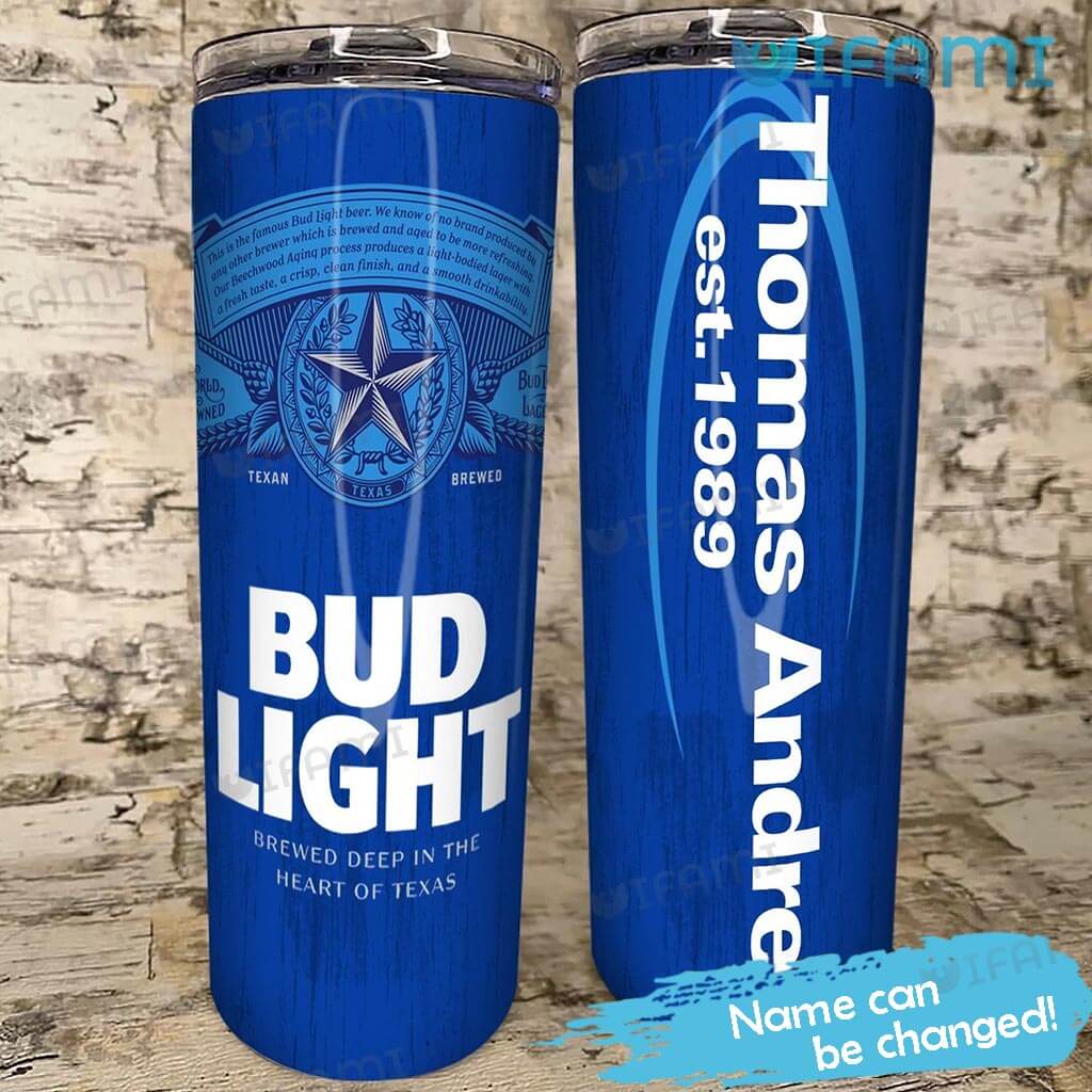 Blue Custom Name Bud Light Logo Label Tumbler Beer Lovers Gift