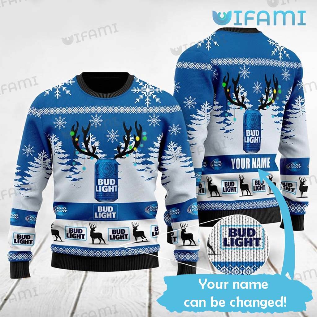 Custom Name  Bud Light Ugly Christmas Deer Sweater  Xmas Gift