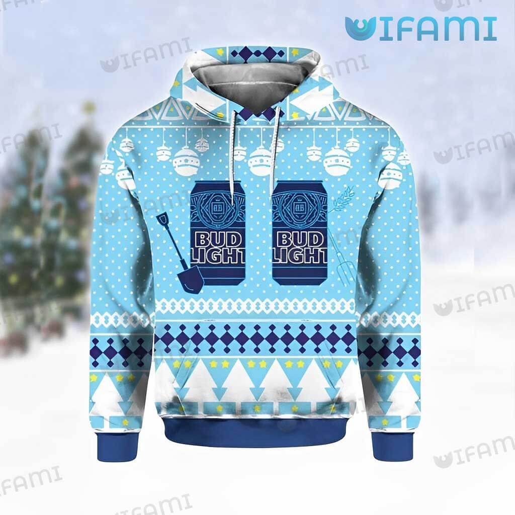 Blue Bud Light Ugly Christmas Sweater Shovel Gift For Beer Lover