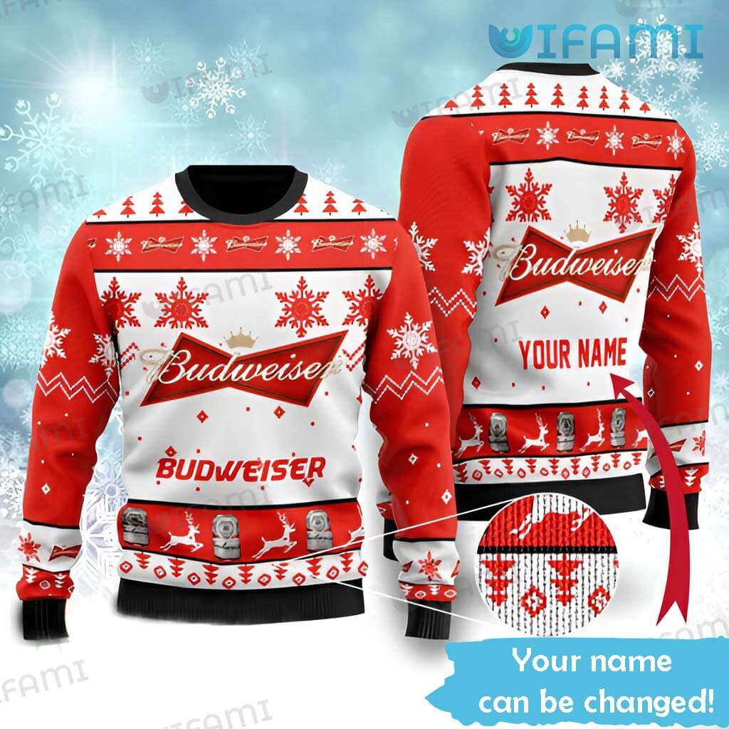 Cute Custom Name Budweiser Christmas Sweater Gift For Beer Lovers