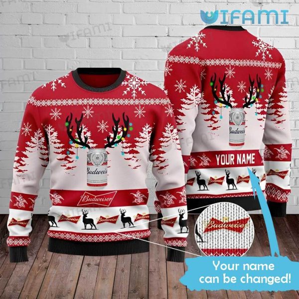 Budweiser Christmas Sweater Reindeer Horn Custom Name Beer Lovers Gift