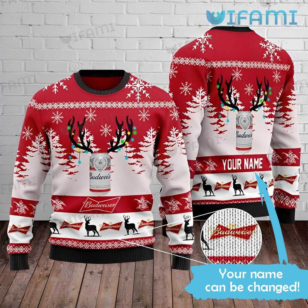 Great Custom Name Budweiser Reindeer Horn Christmas Sweater Beer Lovers Gift