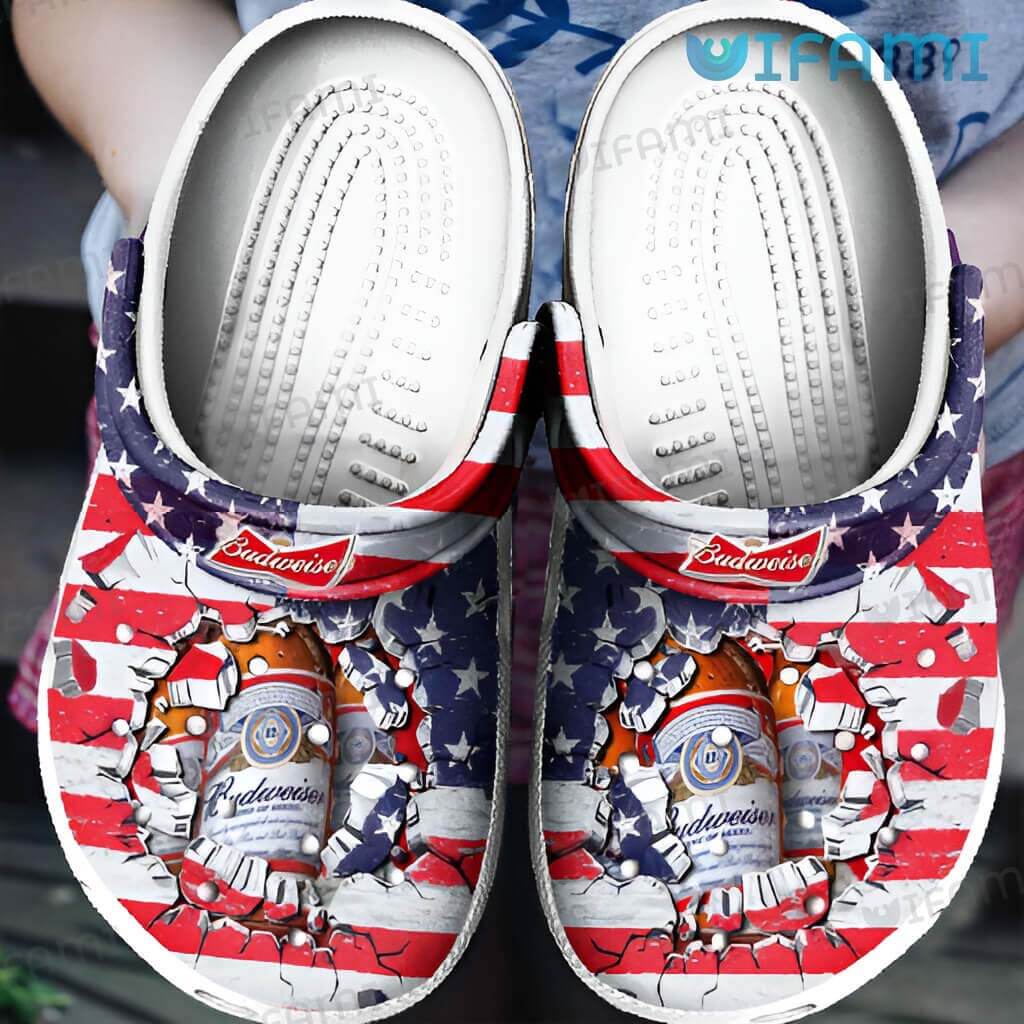 Classic Budweiser Cracked USA Flag Crocs Beer Lovers Gift