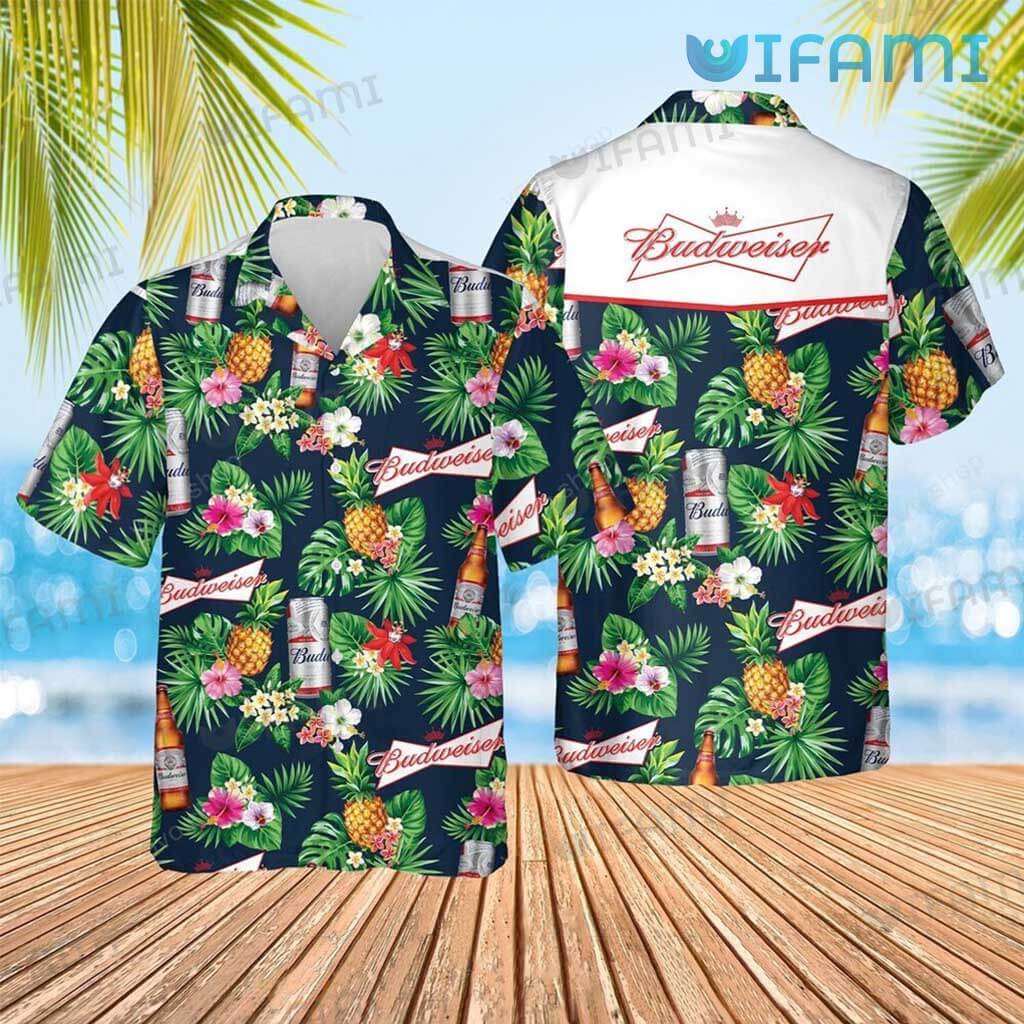 Funny Budweiser Pineapple Hibiscus Hawaiian Shirt Beer Lovers Gift