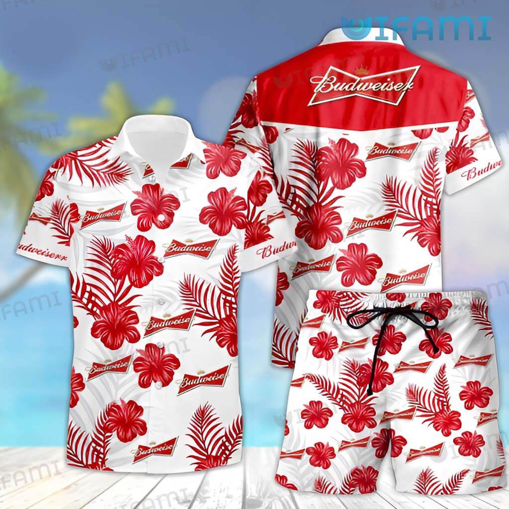 Great Budweiser Hawaiian Red Hibiscus Shirt Beer Lovers Gift