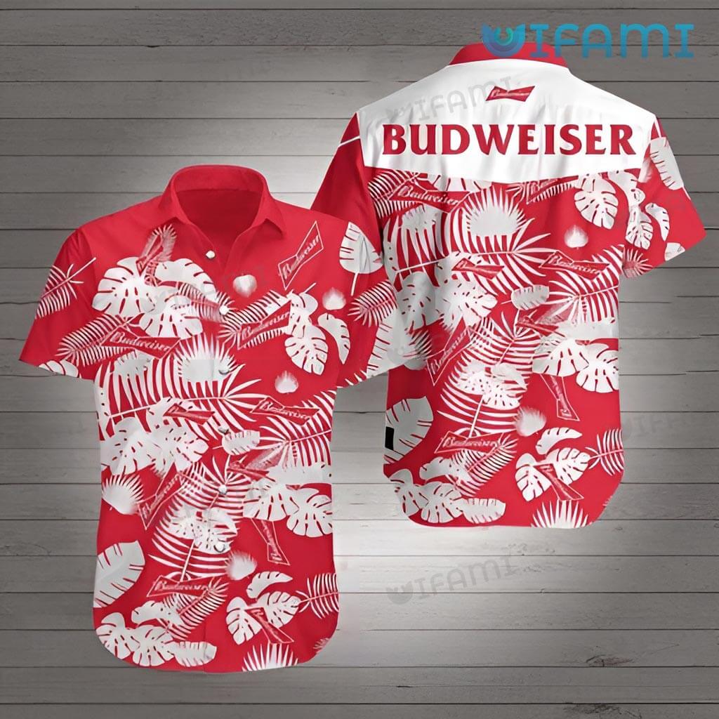 Colorful Budweiser Tropical Leaves Red And White Hawaiian Shirt Beer Lovers Gift