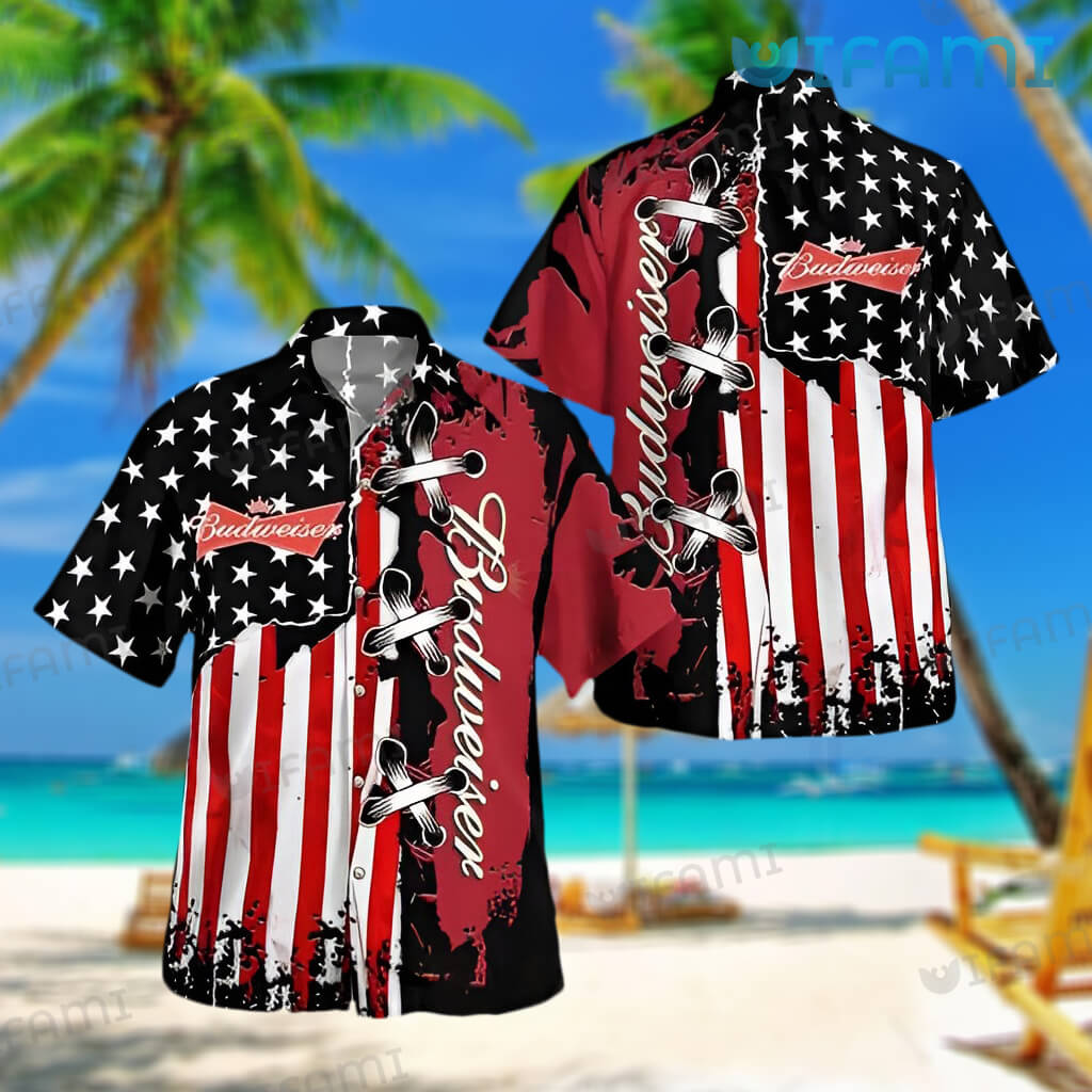 Classic Budweiser Hawaiian  USA Flag Stitches Shirt Beer Lovers Gift