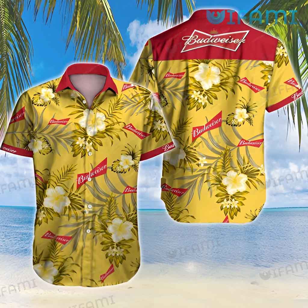 Adorable Budweiser Yellow Hibiscus Hawaiian Shirt Beer Lovers Gift