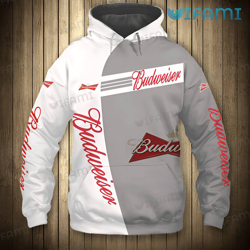 Awesome Budweiser 3D Grey And White Hoodie Gift For Beer Lovers