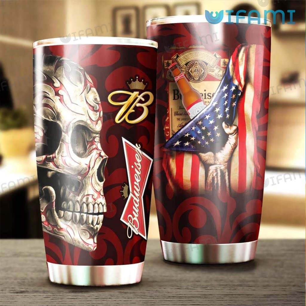 Perfect Budweiser Skull USA Flag Tumbler  Beer Lovers Gift