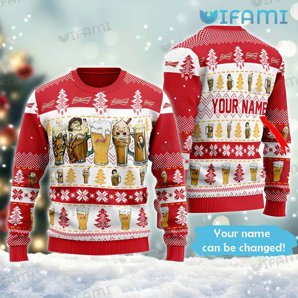 Budweiser Ugly Sweater Horror Characters Custom Name Beer Lovers Gift