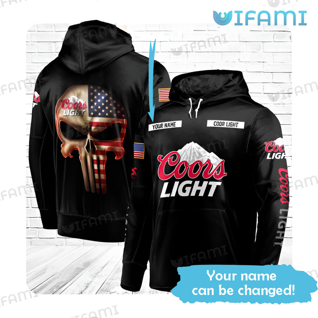Black Custom Name Coors Light  3D Punisher Skull USA Flag Hoodie Beer Lovers Gift