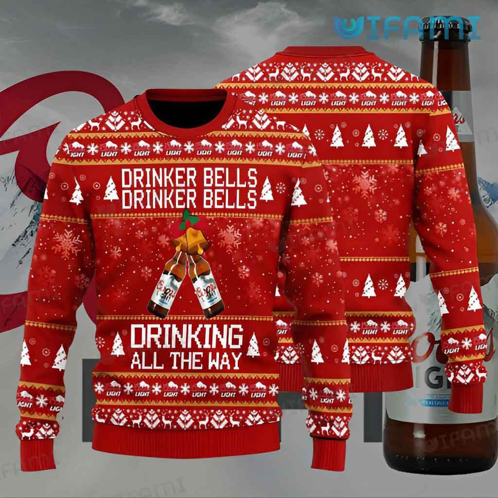 Red Coors Light  Drinker Bells Drinking All The Way  Ugly Sweater Christmas Gift