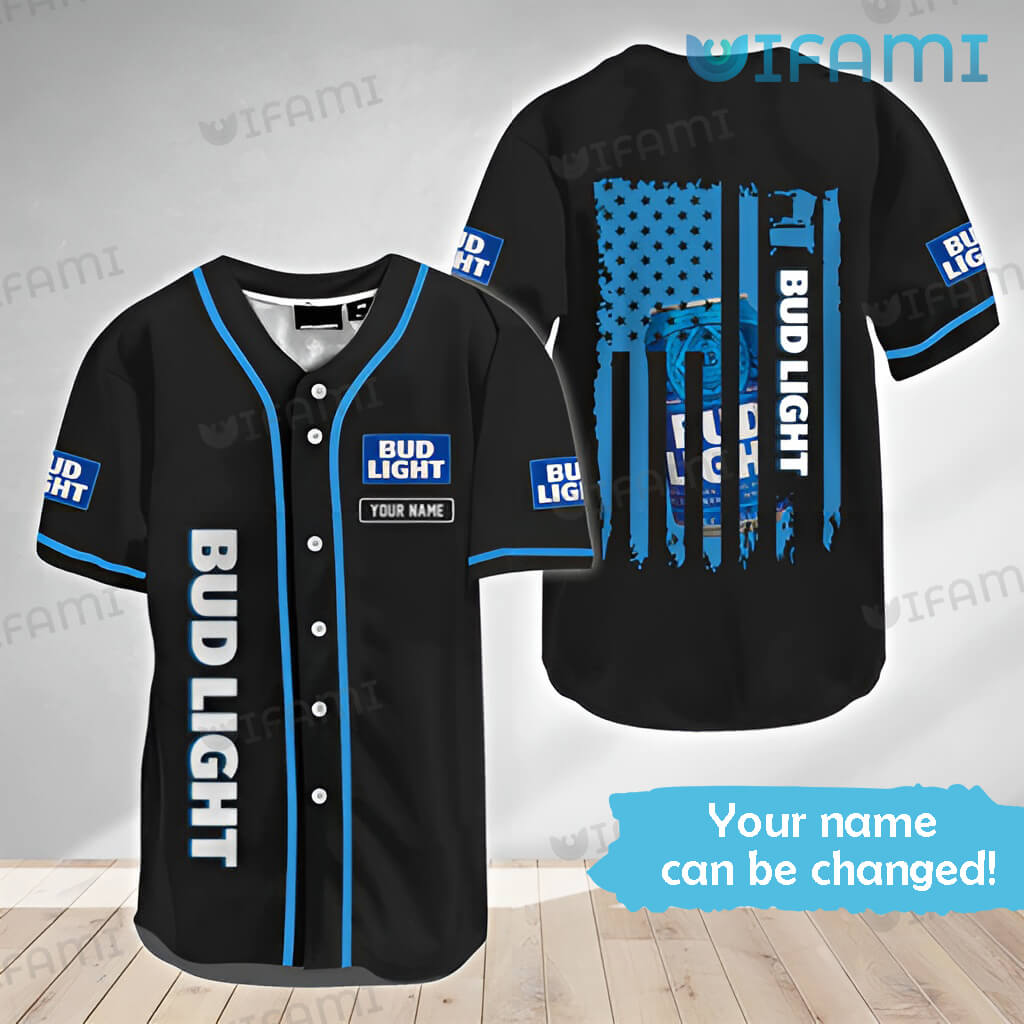Black Custom Name Bud Light Baseball Jersey USA Flag Beer Lovers Gift