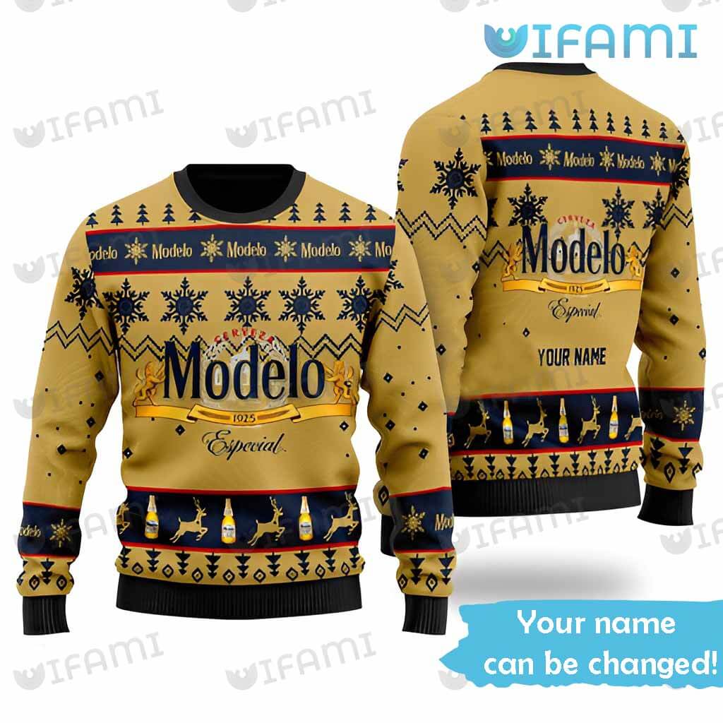 Yellow Modelo Christmas  Custom Name Sweater Gift For Beer Lovers