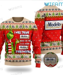 Modelo Christmas Sweater Grinch I Will Drink Modelo Here Or There Gift