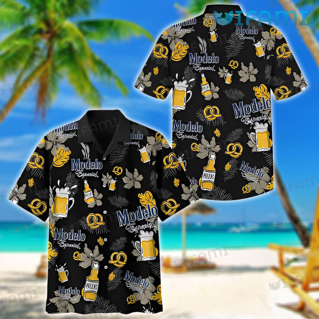 Original Modelo Tropical Leaves Glass Hawaiian Shirt Gift For Beer Lovers