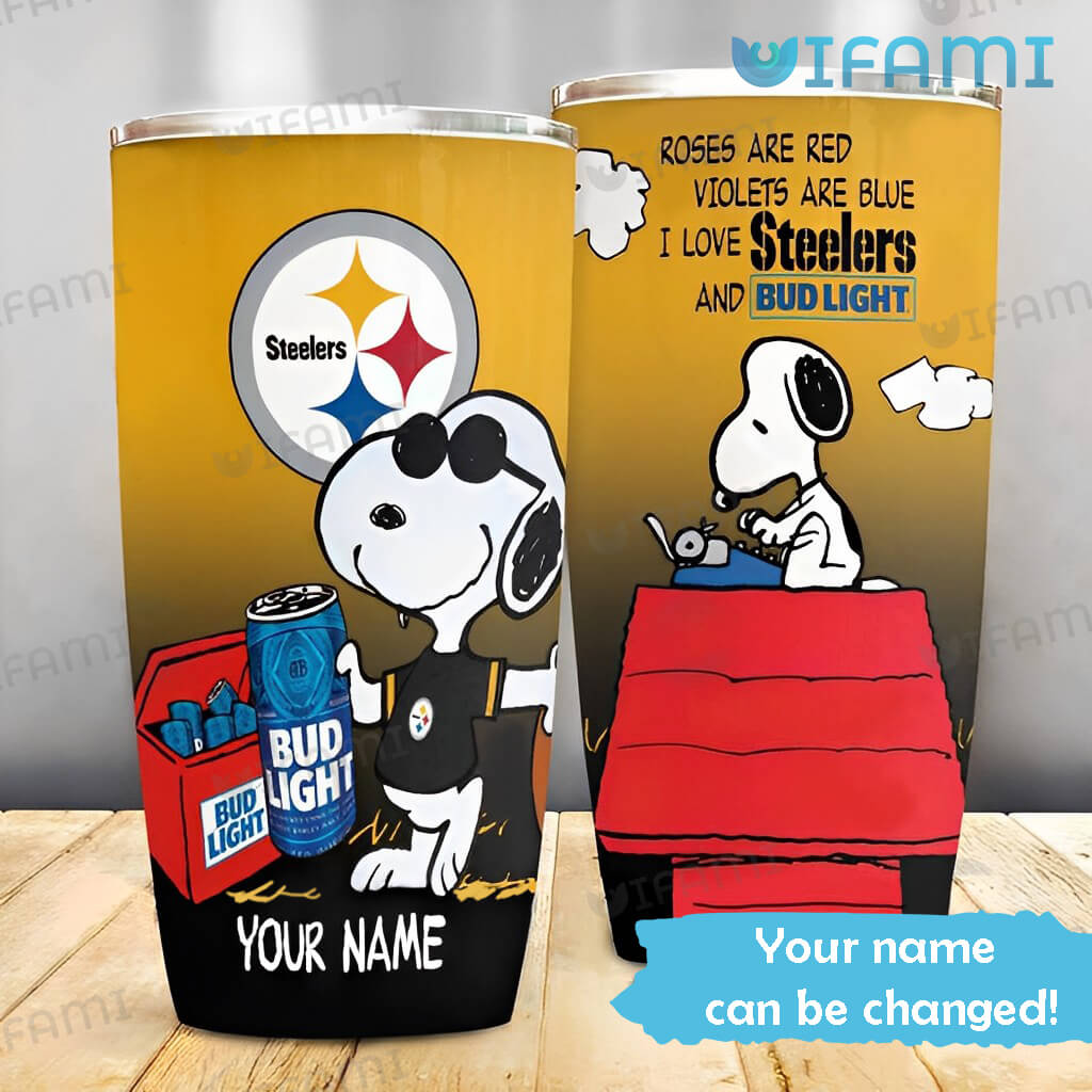 Perfect Custom Name Pittsburgh Steelers Bud Light Snoopy Tumbler Gift For Beer Lovers