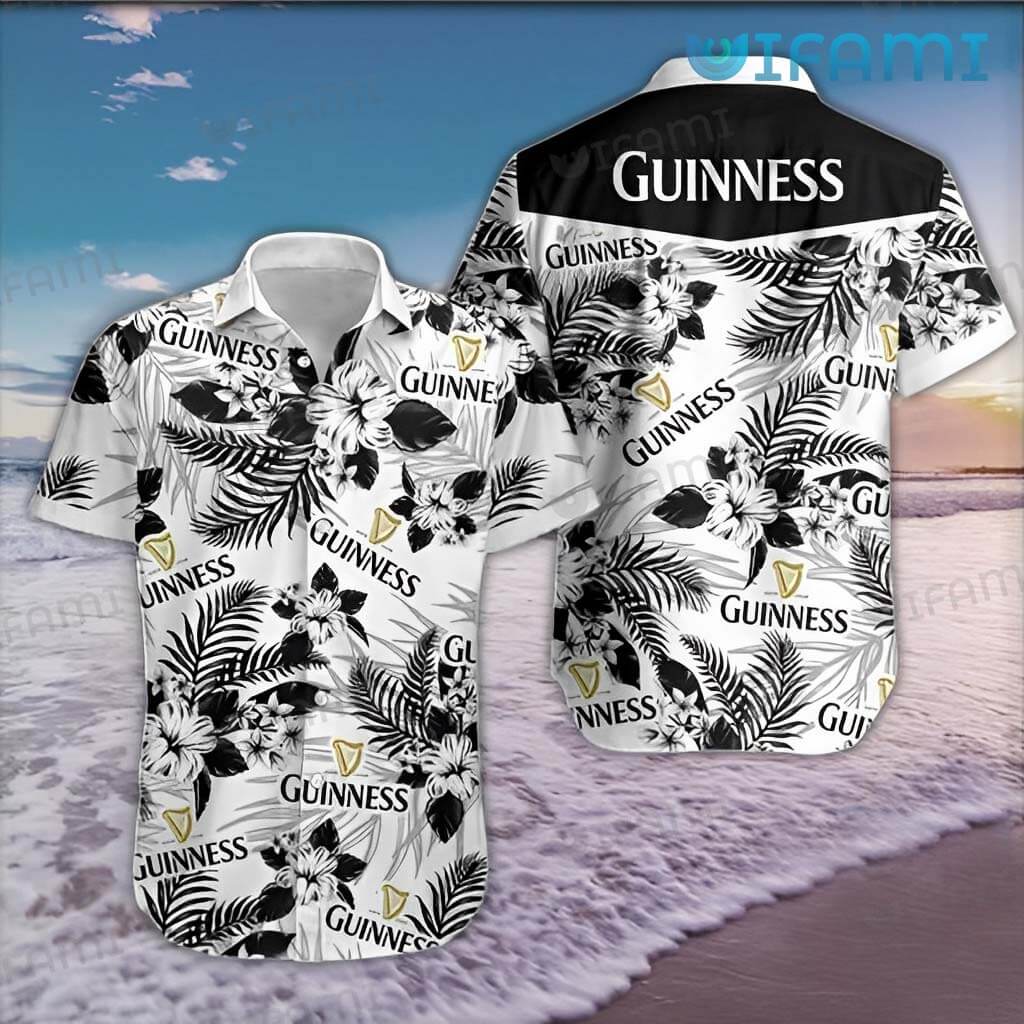 Great Guinness Hawaiian  White Black Hibiscus Flower Shirt Beer Guinness Gift