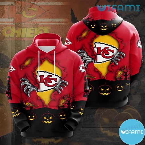 KC Chiefs Youth Hoodie 3D Halloween Hand Pull Out Logo Kansas City Chiefs Gift