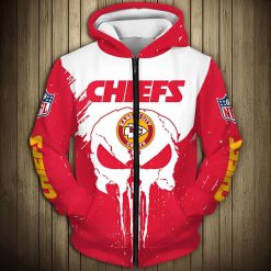 Kansas City Chiefs Hoodie 3D Punisher Skull KC Chiefs Zipper Hoodie