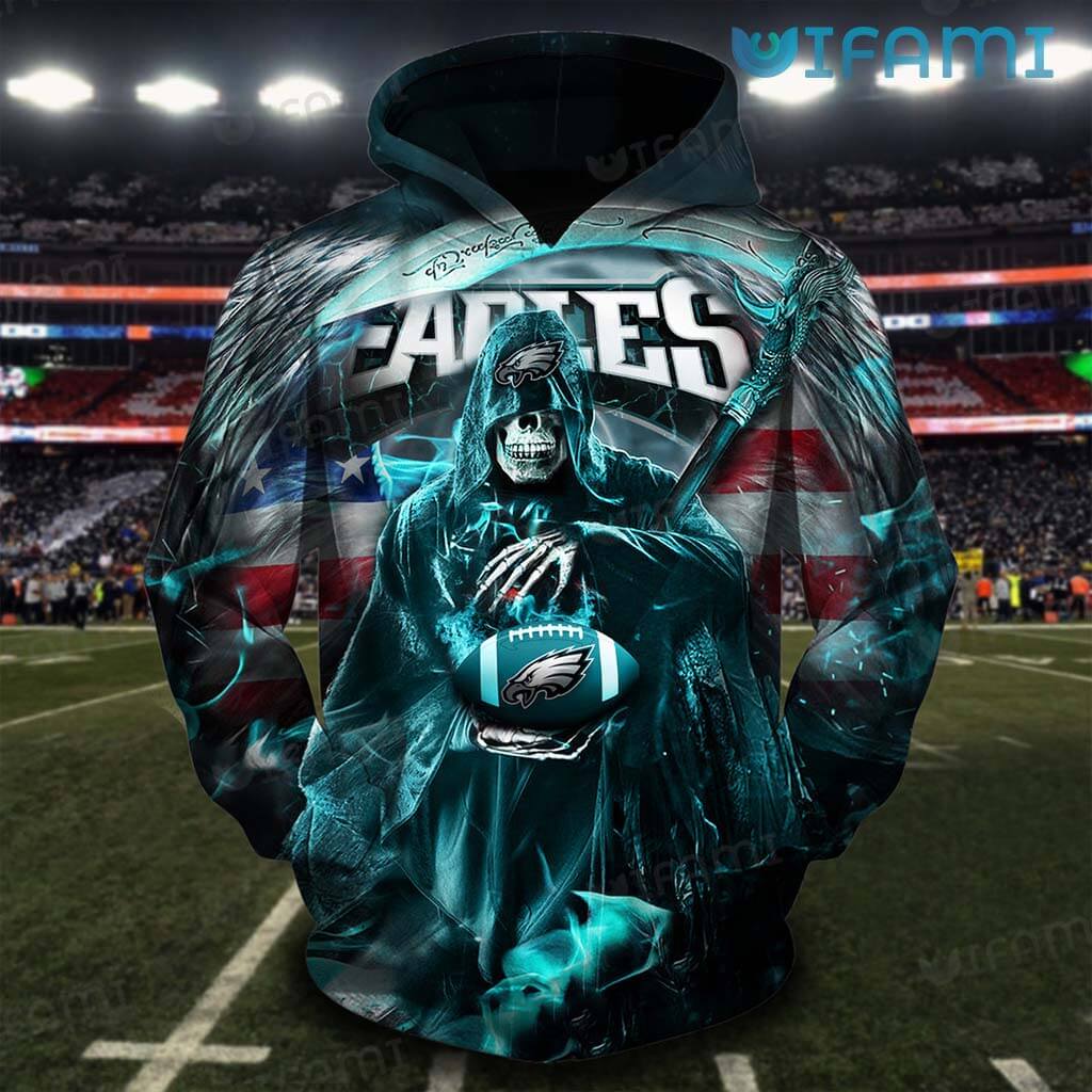 Philly Eagles Hoodie 3D Grim Reaper Football USA Flag Background Philadelphia  Eagles Gift - Personalized Gifts: Family, Sports, Occasions, Trending