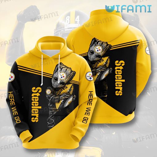 Steelers Hoodie 3D Groot Hug Football Here We Go Pittsburgh Steelers Gift