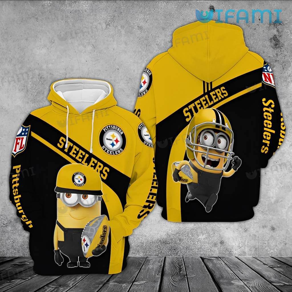 Adorable Steelers hoodie with Minions holding football. Perfect Pittsburgh gift.
