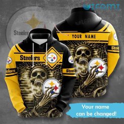 Steelers Hoodie 3D Personalized Name Skeleton Holding Logo Pittsburgh Steelers Gift