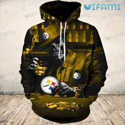 Steelers Hoodie 3D Skeleton In Suit Playing Poker With Wine Glass Pittsburgh Steelers Gift