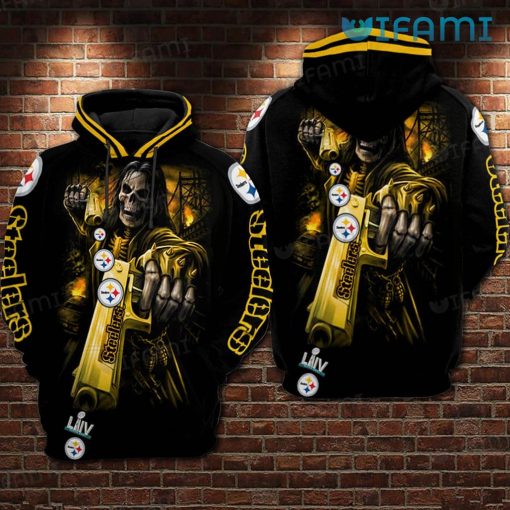 Steelers Hoodie 3D Skeleton Shooting Guns Logo Pittsburgh Steelers Gift