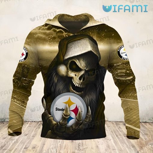 Steelers Hoodie 3D Skeleton Wearing Santa Hat Logo Pittsburgh Steelers Gift