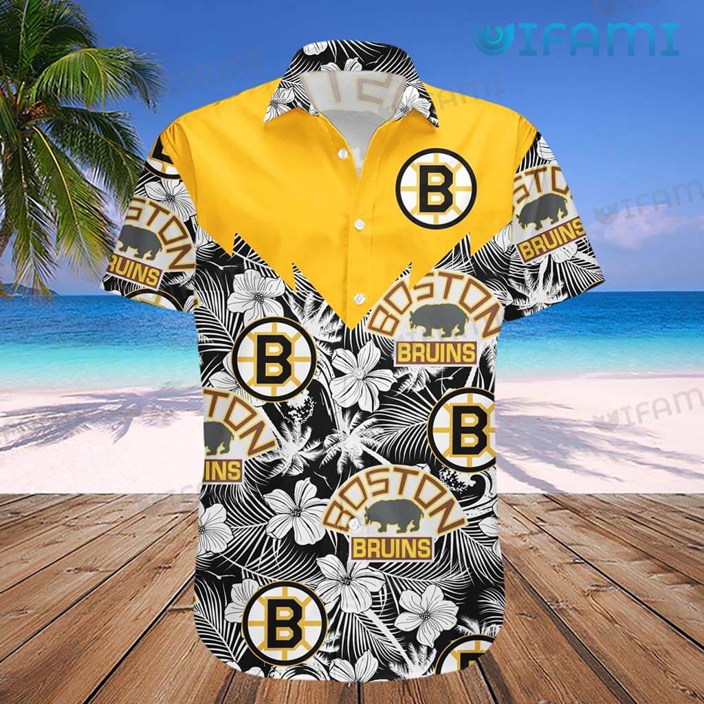 Bruins Hawaiian Shirt White Hibiscus Logo Pattern Boston Bruins Gift