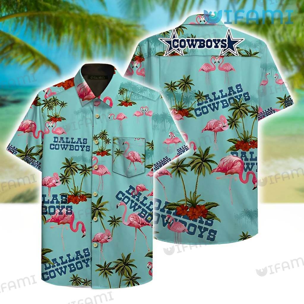 Score a Touchdown with the Coolest Cowboys Gift: Flamingo vs. Coconut Tree Hawaiian Shirt