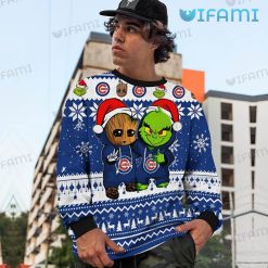 Cubs Christmas Sweater Baby Groot Grinch Logo Chicago Cubs Present Front