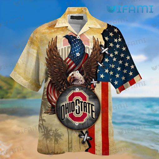 Custom OSU Hawaiian Shirt USA Flag Eagle Holding Logo Ohio State Buckeyes Gift