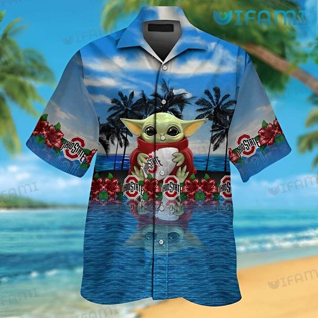 OSU Hawaiian Shirt Baby Yoda Holding Logo Beach Ohio State Buckeyes Gift
