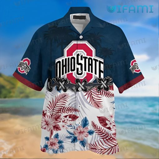 OSU Hawaiian Shirt Beach Stitches Flower Tropical Leaves Ohio State Buckeyes Gift