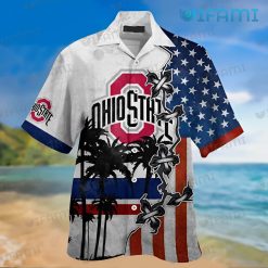 OSU Hawaiian Shirt Coconut Stitches USA Flag Ohio State Buckeyes Present