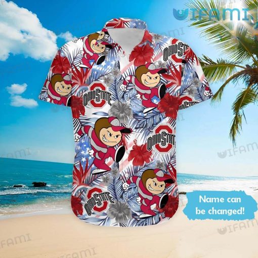 OSU Hawaiian Shirt Mascot Hibiscus Palm Leaf Custom Ohio State Buckeyes Gift